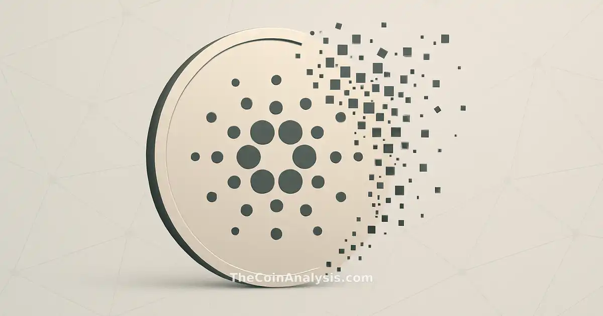 Abstract Cardano coin dissolving over faint network lines on a neutral background, symbolizing fragmentation.