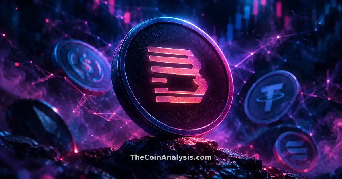 Stylized BLUR token glyph glowing amid smoke, light particles, and faint market candles in a midnight blue and magenta abstract background