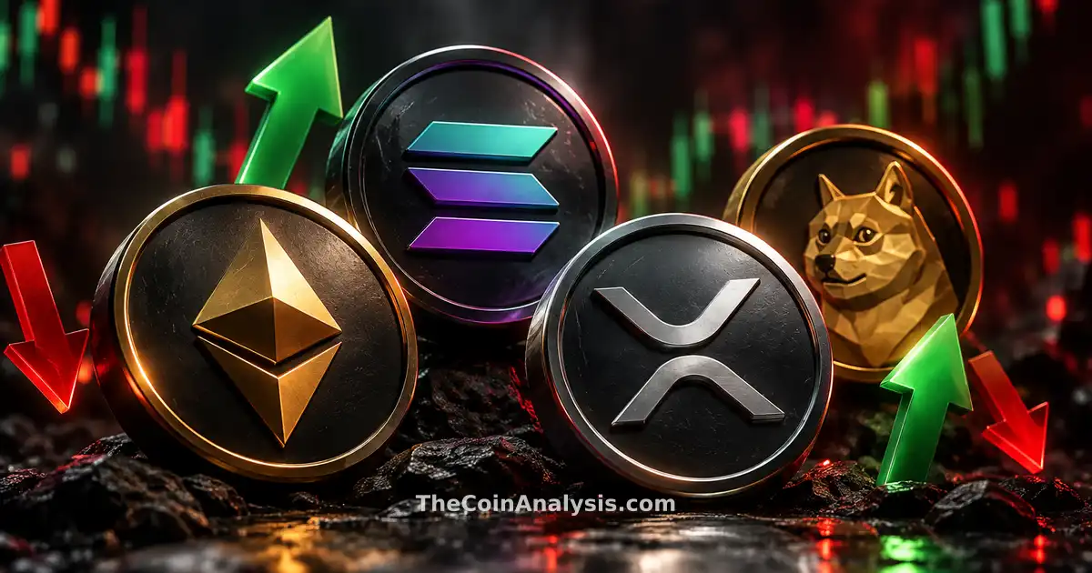 Glossy 3D crypto tokens with green upward and red downward arrows over dark background with subtle market candles