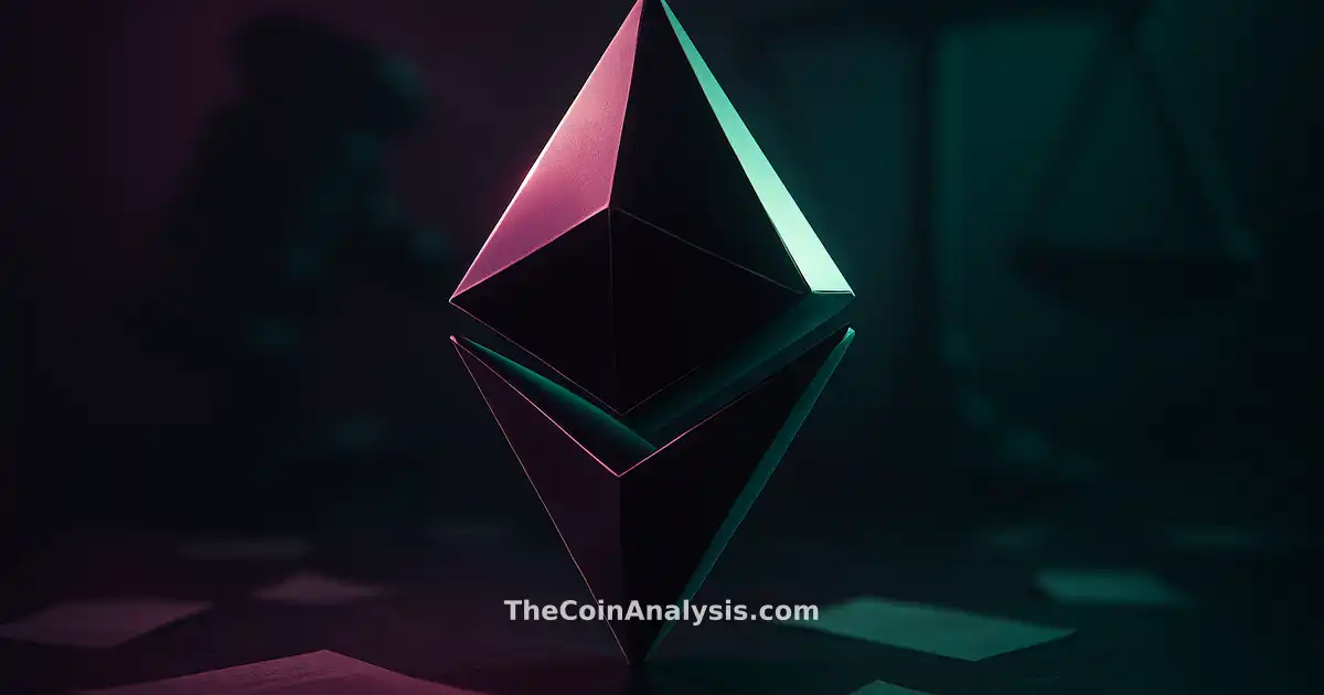 3D glossy Ethereum symbol illuminated by rim light with abstract gavel and scales in dark, moody background