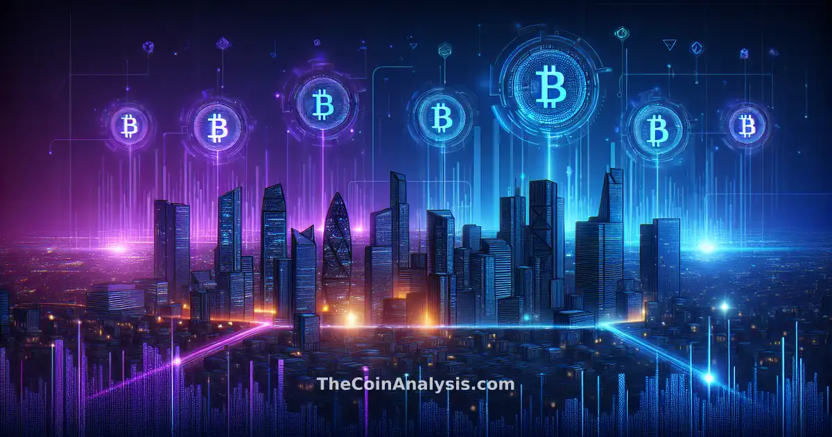 Futuristic city skyline with glowing cryptocurrency symbols and digital graphs in blue-purple tech gradients