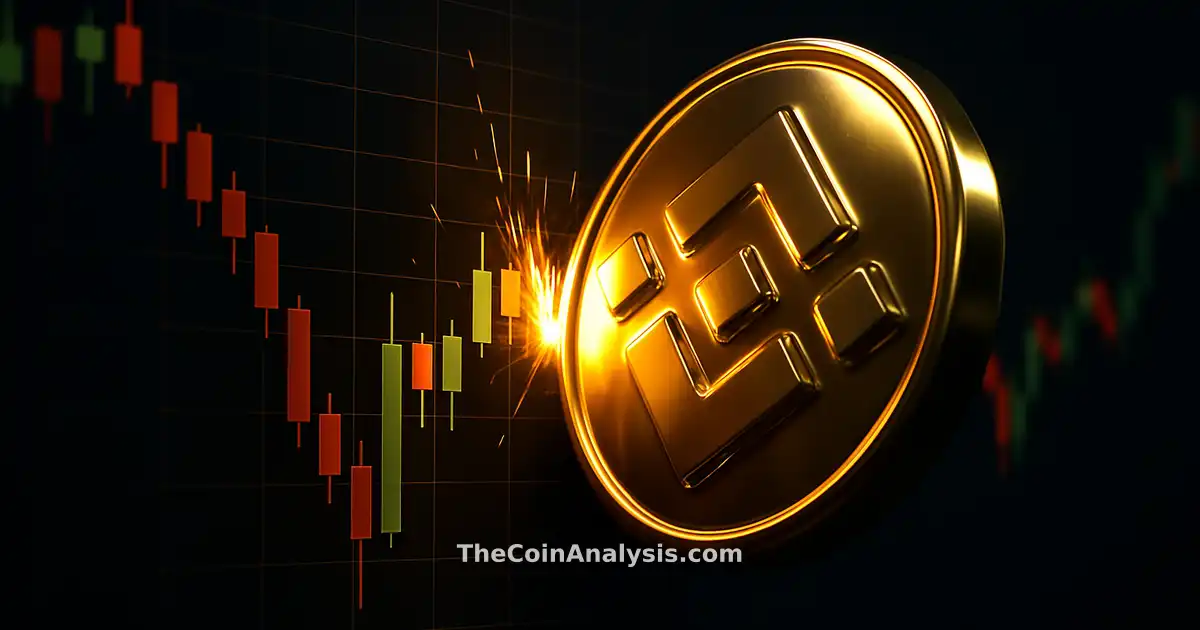 3D glossy gold coin colliding with a dramatic candlestick chart under cinematic lighting and deep shadows