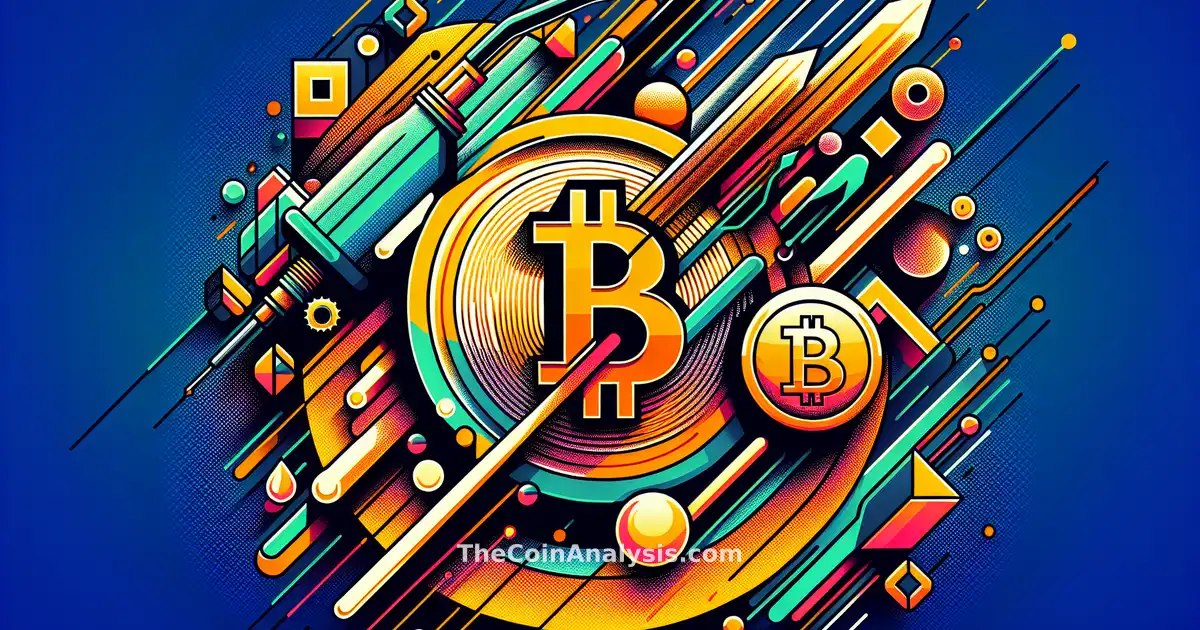 Abstract digital art showing Bitcoin symbol intertwined with oil barrels and jagged market graphs in bold colors