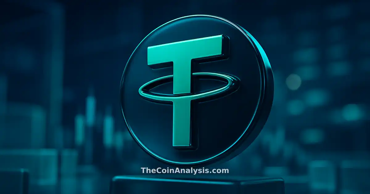 3D glossy Tether symbol illuminated by teal and navy light, surrounded by frosted glass trading floor elements and candlestick charts