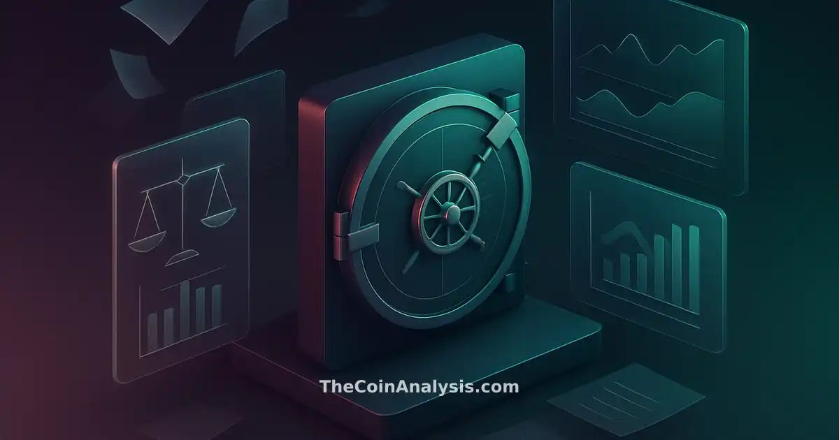 Isometric digital vault door with floating frosted-glass panels, holographic scales, gavel, and swirling documents.