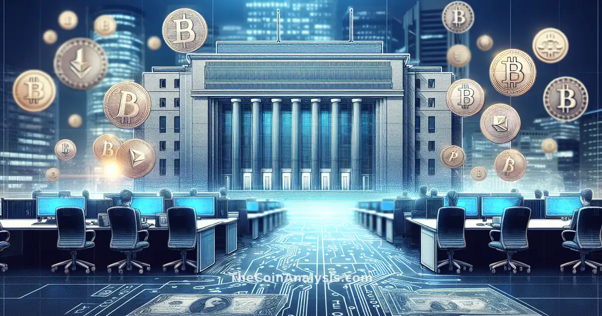 Bank of Korea headquarters with floating digital coins and currency icons in a modern newsroom setting