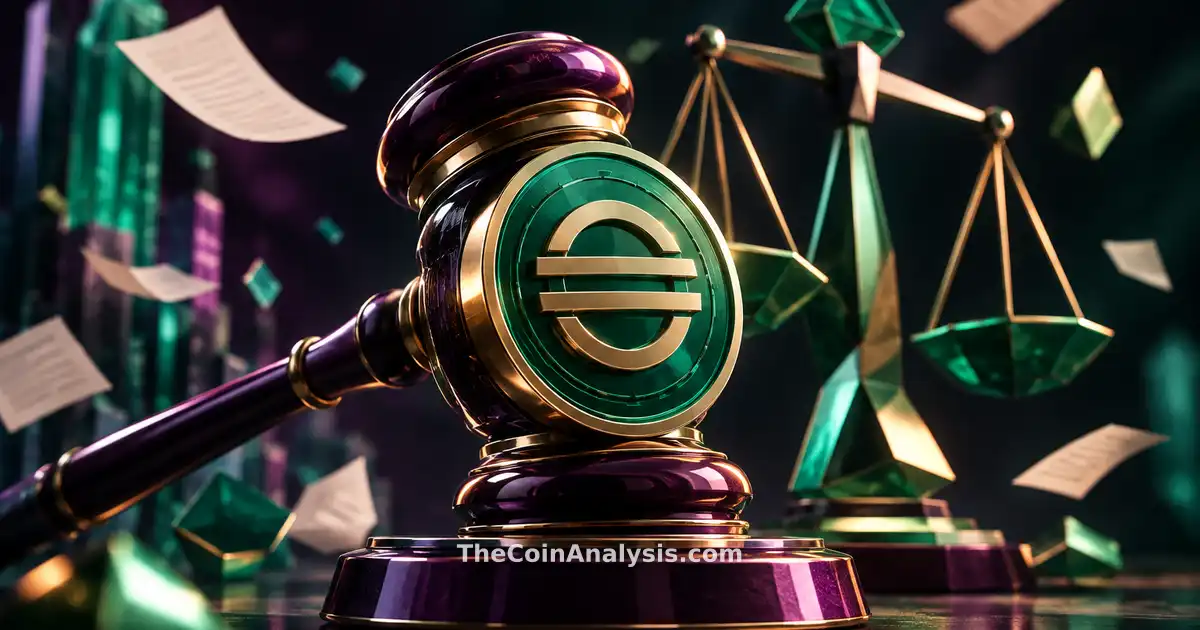 Stylized judge’s gavel merging with digital stablecoin token, flanked by geometric scales and floating documents