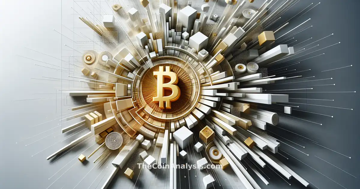 Abstract geometric shapes converging toward a glowing golden Bitcoin symbol symbolizing rapid accumulation and growth