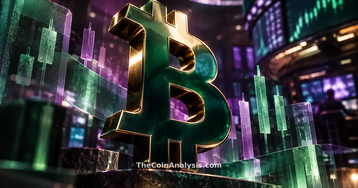 3D glossy Bitcoin symbol illuminated by sharp rim light, surrounded by frosted glass tickers and candlestick silhouettes