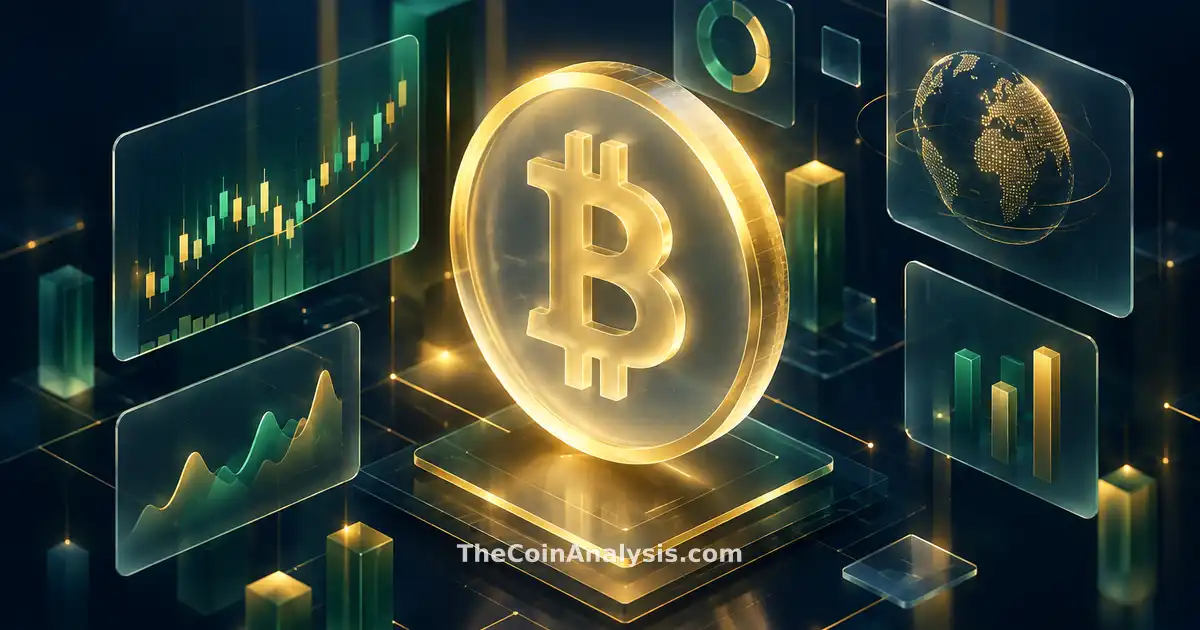 Luminous frosted-glass Bitcoin coin with golden rim glowing amid floating isometric data panels on navy background