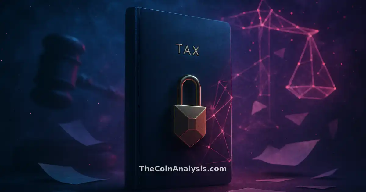 Stylized tax folder with golden lock amid abstract gavel, fragmented scales of justice, and floating documents.