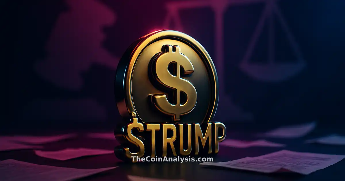 3D glossy TRUMP crypto symbol with abstract gavel and scales of justice in midnight blue and magenta tones