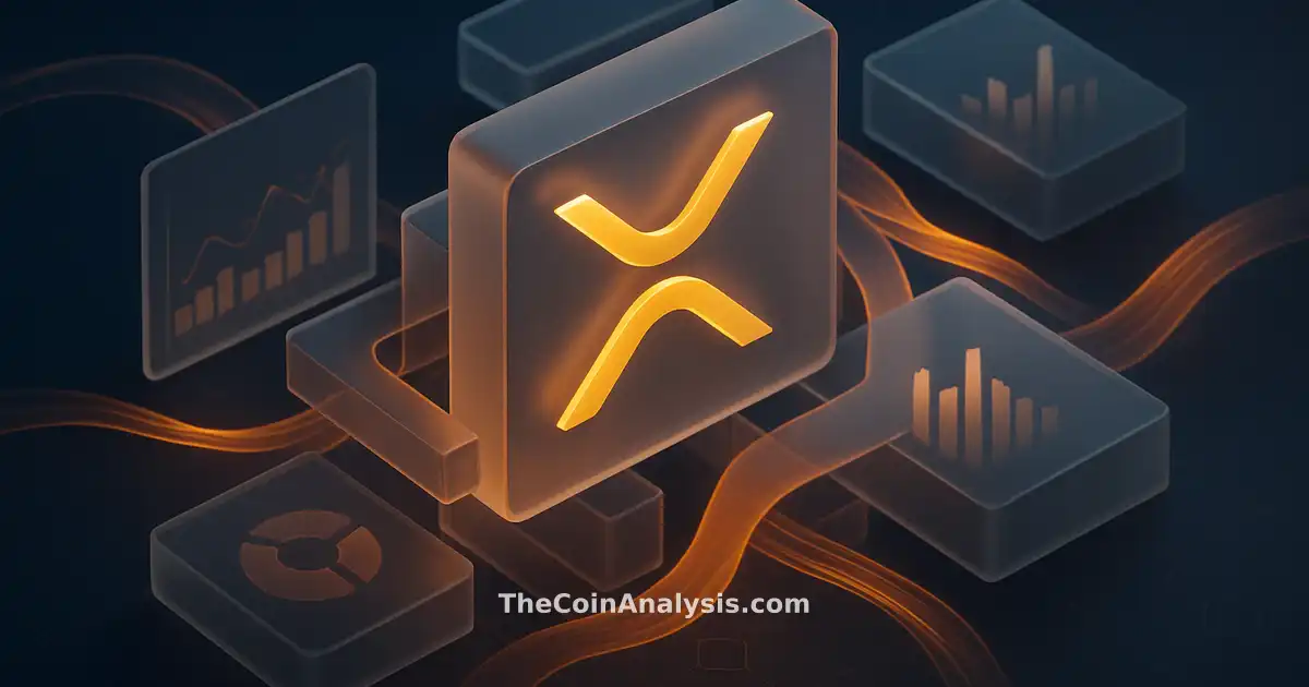Isometric digital illustration of stylized XRP symbol amid floating frosted-glass panels with amber data ribbons