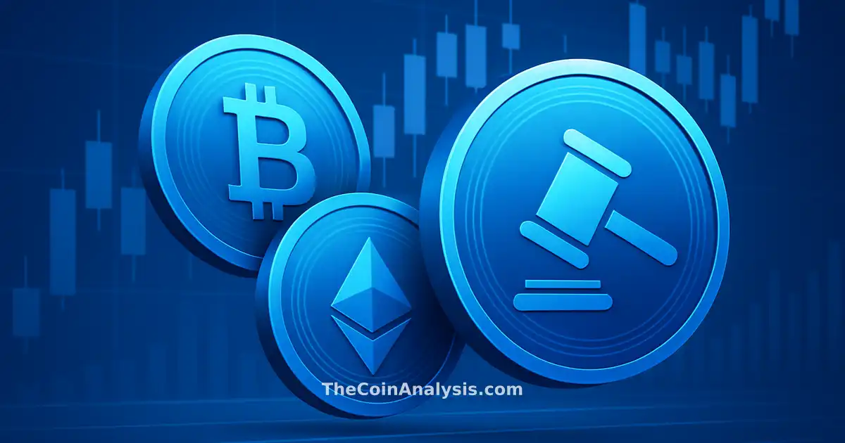 Digital illustration of abstract crypto coins overlaid with blue candlestick charts symbolizing finance and regulation