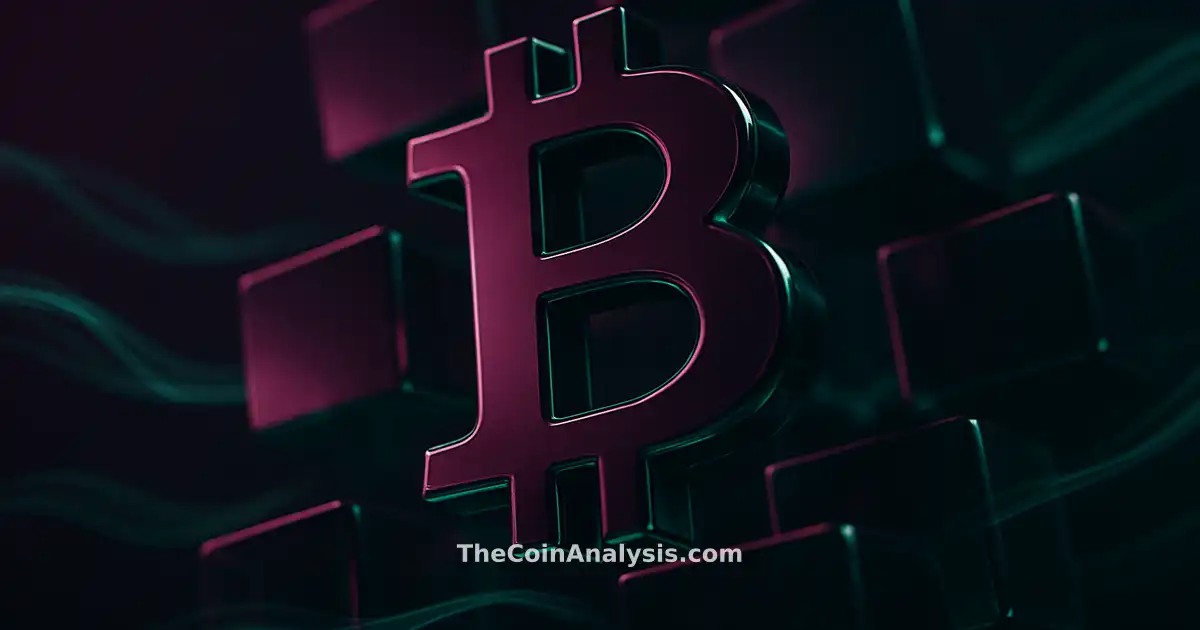 3D glossy Bitcoin symbol surrounded by translucent interlocking blocks and flowing digital data ribbons on dark backdrop