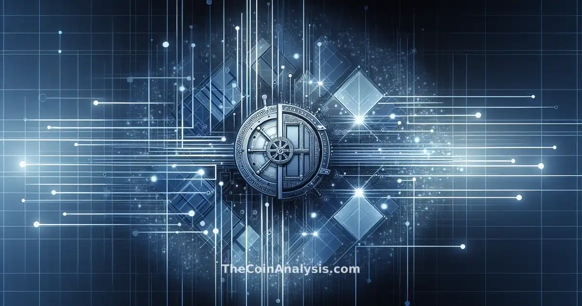 Abstract digital vault with radiating blue and gray geometric shapes symbolizing secure financial networks.