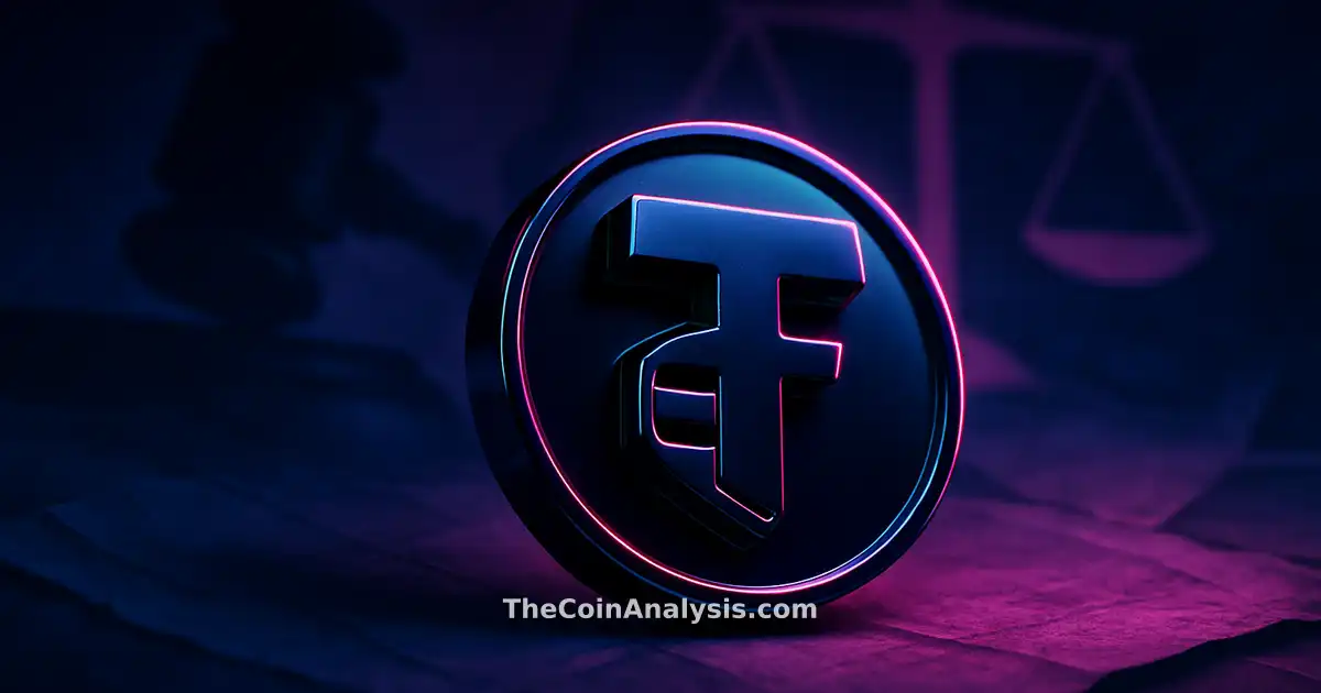 3D glossy TRUMP crypto symbol with abstract gavel and scales of justice in midnight blue and magenta tones