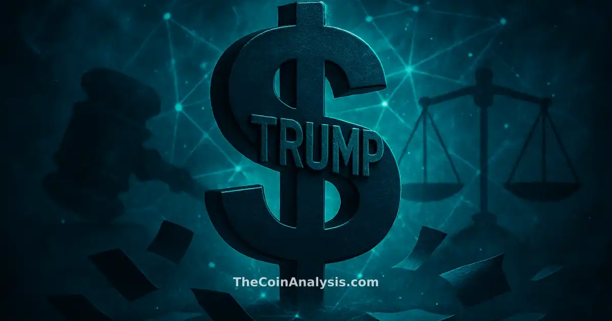 Stylized $TRUMP symbol glowing amid abstract gavel, geometric justice scales, and floating document fragments in teal smoke