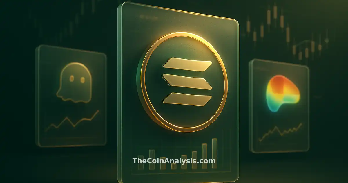 Isometric data visualization with glowing frosted-glass Solana token, Aave and Curve motifs, and market candles.